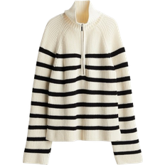 H&M Randiga Tröjor H&M Rib Knit Zip Jumper - Cream/Black Striped