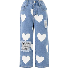 Children's Clothing Shein Young Girl Cute Country Style Heart Print White Distressed Jeans, For Vacation