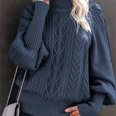 Temu Cable Knit Drop Shoulder Sweater - Elegant Turtle Neck