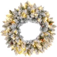 Decorations Homcom Pre-lit Christmas Wreath For Front Door With Led Lights Green Decoration