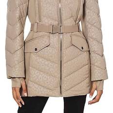 Faux Fur Coats Logo Lepaord Belted Hood Puffer Coat - Taupe