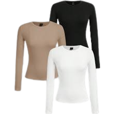 Fabric T-shirts Shein EZwear 3pcs/Set Women's Black, White & Khaki Color Block Round Neck Long Sleeve Fitted T-Shirt Set, Suitable For Autumn & Winter