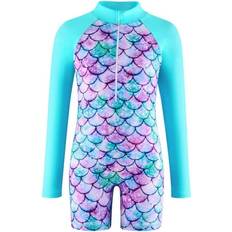 Silver Swimwear Children's Clothing Silvercell Girls Summer Long Sleeved One-Piece Swimsuit - Mermaid Printed