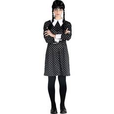Ciao mercoledì Addams Vestito Costume Travestimento Bambina Ragazza Originale Wednesday (Taglia M) con Parrucca, Colore Nero, Bianco