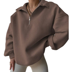 Brown - Women Jumpers Shein Women Plain Front Zipper Long Sleeve Simple Hoodie Casual Daily Wear