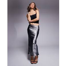 New Look Foil Satin Midi Skirt - Silver