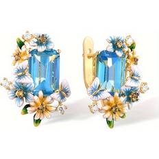 Aquamarine Earrings Temu Elegant Enamel Floral Butterfly Hoop Earrings - Synthetic Aquamarine