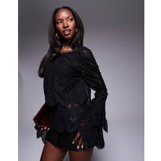 River Island Lace Frill Sleeve Blouse - Black