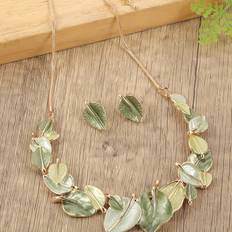 Enamel Jewellery Sets Temu Elegant Zinc Alloy Leaf Necklace And Earrings Set - Green