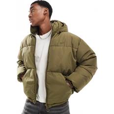 Pull&Bear Boxy Puffer Jacket With Hood - Khaki Green