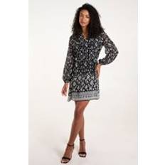 Leather - Women Dresses Blue Vanilla Tie Neck Waist Mini Smock Dress - Black