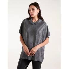 One Size Blouses Blue Vanilla Roll Neck Oversize Top - Metallic Silver