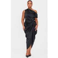 PrettyLittleThing Plus Satin Off The Shoulder Draped Skirt Midi Dress - Black