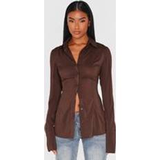 Brown - Women Shirts PrettyLittleThing Chiffon Fitted Shirt - Dark Chocolate