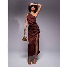 ASOS DESIGN One Shoulder Satin Ruched Midi Dress - Chocolate Brown