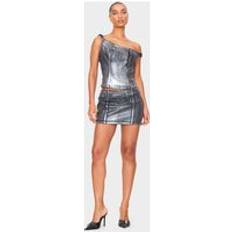 Silver - Women Skirts PrettyLittleThing Metallic Foil Effect Denim Mini Skirt - Black