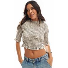 Glamorous Shirred Crop-Top - Beige/Black Check