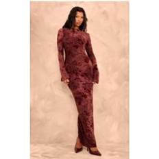 PrettyLittleThing Floral Devore Long Sleeve Maxi Dress - Red
