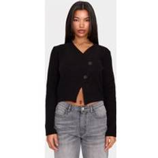 PrettyLittleThing Black Knit Asymmetric Button Up Cardigan - Black
