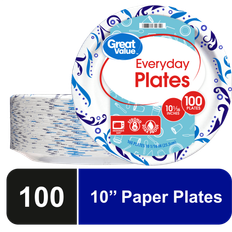 Party Supplies Great Value Everyday Disposable Paper Plates 10" White 100 Count