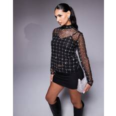 Mesh Blouses River Island Sequin Mesh Long Sleeve Top - Black