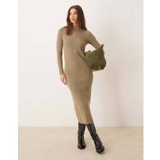 Midi Dresses - Wool Mango Zip Neck Knitted Midi Dress - Brown