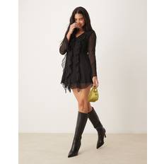 New Look Ruffle Chiffon Long Sleeve Mini Dress - Black