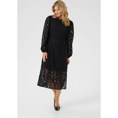 Cream Black Lace Dress with Long Sleeves - Black