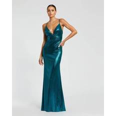 Evening Gowns - Slit Dresses Mac Duggal Metallic Faux Wrap Spaghetti Strap Gown - Teal