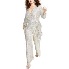 Silver - Women Jumpsuits & Overalls Eliza J Plus Surplice Belted Jumpsuit - Grey