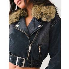 True Religion Women's Fur Trim Denim Moto Jacket - Black Wash