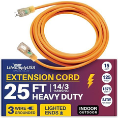 Orange Extension Cords LifeSupplyUSA 25FT Power Extension Cord Outdoor & Indoor Waterproof Electric Drop Cord Cable 3 Prong SJTW 14 Gauge 15 AMP 125 Volts 1875 Watts 14/3 by