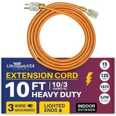 Orange Extension Cords LifeSupplyUSA 10FT Power Extension Cord Outdoor & Indoor Waterproof Electric Drop Cord Cable 3 Prong SJTW 10 Gauge 15 AMP 125 Volts 1875 Watts 10/3 by