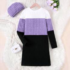 Purple Dresses Shein Tween Girl Color Block Bodycon Hooded Dress - Purple/White/Black