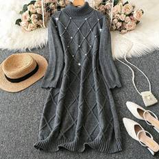 Dresses Shein Pearl Beaded Turtleneck Diamond Sweater Dress - Solid Color