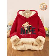 Shein Cute Bear Print Thermal Lined Hooded Sweatshirt - Casual Style