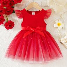 Shein Elegant Vintage Red Mesh Ruffle Dress - Red