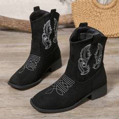 Polyurethane Boots Shein Fashion Western Embroidery Faux Suede Low Heel Snow Boots - Warm And Cozy Calf-High Shoes
