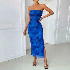 Allover Print Strapless Split Hem Dress - Blue