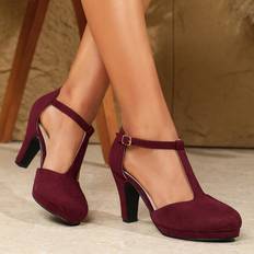 Shein T-Strap Ankle Design Wedge Pumps - Burgundy