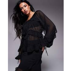 Chiffon Blouses River Island Chiffon Ruffled Tie Detail Blouse - Black