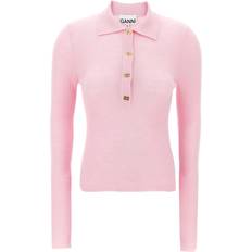 Merino Wool Shirts Ganni Logo Embroidery Knitted Polo Shirt - Pink