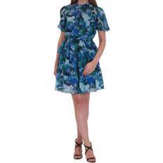 Julia Jordan Printed Short-Puff-Sleeve Chiffon Dress - Blue Multi