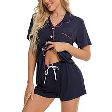 Swomog Button Down Pajamas Set Short Sleeve - Navy Blue