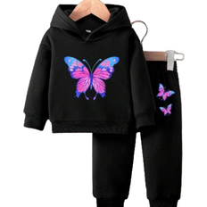 Black Other Sets Children's Clothing Shein Baby Girl Sparkly Butterfly Print Fleece Hooded Sweatshirt And Pants Set, Casual Fashion Autumn/Winter