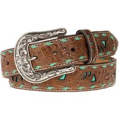 Turquoise - Women Belts Ladies Underlay Floral Pierced Lace Edge Belt - Turquoise Tan