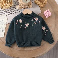 Babies Knitted Sweaters Children's Clothing Shein Vintage Floral Embroidery Knitted Sweater - Green