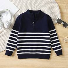 Polyester Knitted Sweaters Children's Clothing Shein Classic Stripe Pullover Half-Zip Mock Neck Sweater - Autumn/Winter