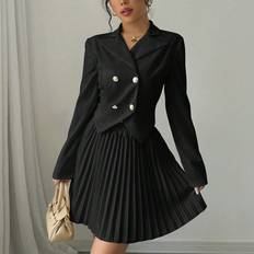 L - Women Suits Shein Elegant Single-Breasted Blazer And Pleated Skirt Suit Set - Autumn