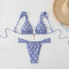 Shein Summer Porcelain Print Bikini Set - Blue/White